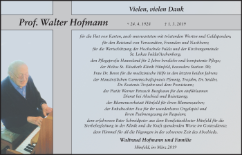 Traueranzeige von Walter Hofmann von FZ