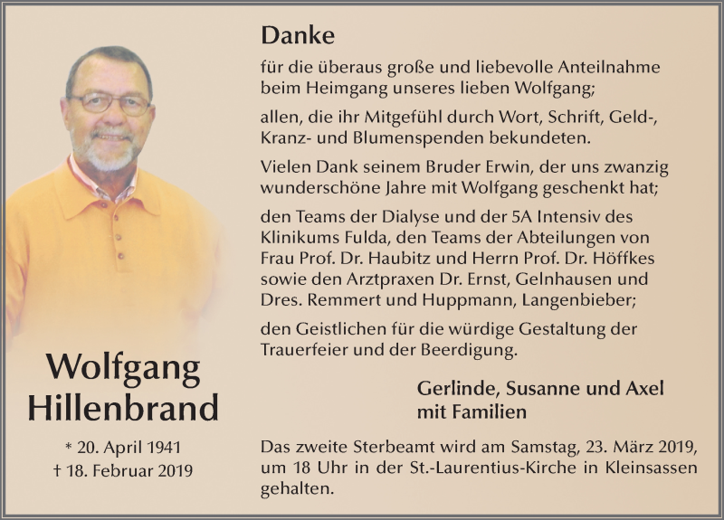  Traueranzeige für Wolfgang Hillenbrand vom 16.03.2019 aus FZ