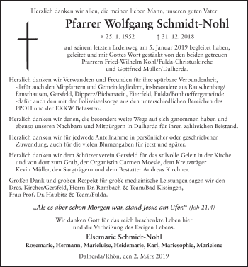 Traueranzeige von Wolfgang Schmidt-Nohl von FZ