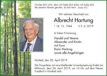 Traueranzeige von Albrecht Hartung von FZ