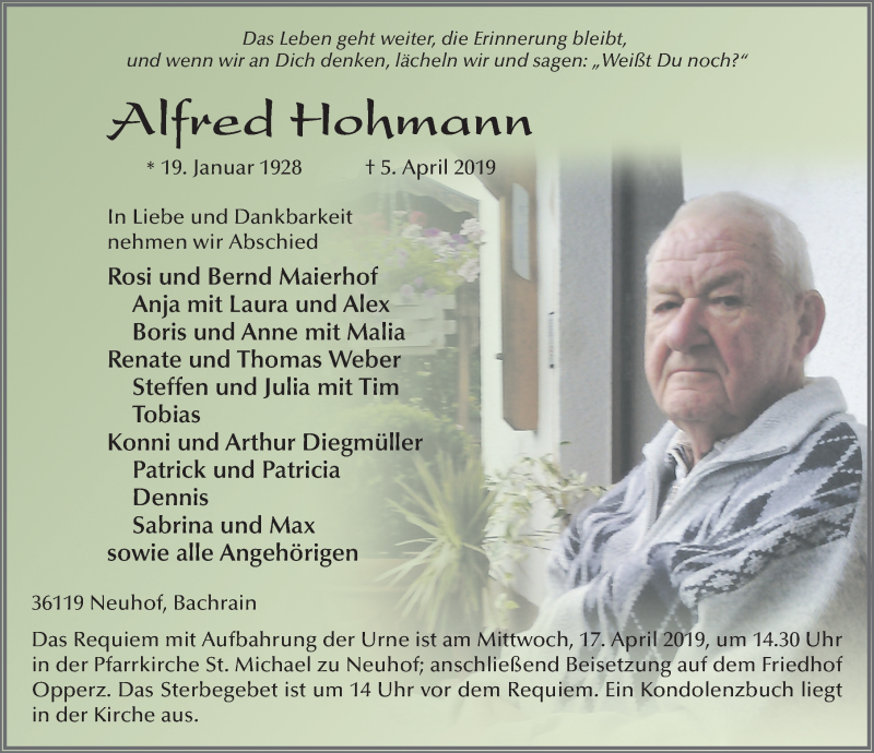 Traueranzeige für Alfred Hohmann vom 13.04.2019 aus FZ