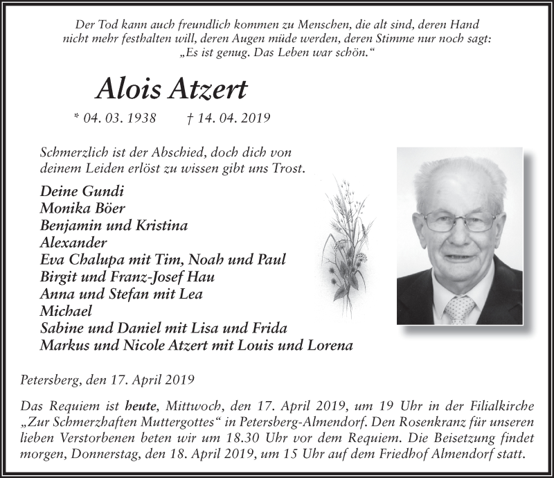  Traueranzeige für Alois Atzert vom 17.04.2019 aus FZ