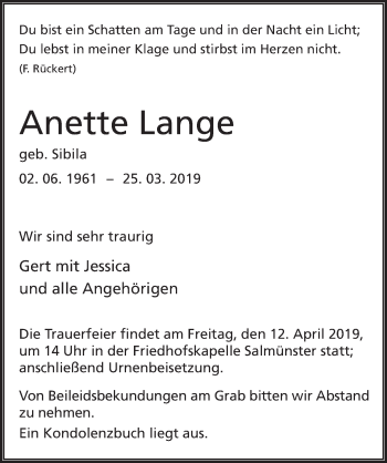 Traueranzeige von Anette Lange von FZ