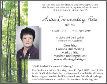Traueranzeige von Anita Dimmerling-Fritz von FZ