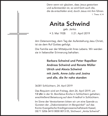 Traueranzeige von Anita Schwind von FZ