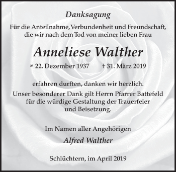 Traueranzeige von Anneliese Walther von FZ