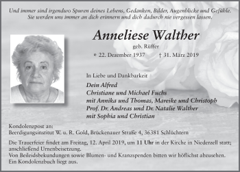 Traueranzeige von Anneliese Walther von FZ