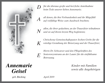 Traueranzeige von Annemarie Geisel von FZ