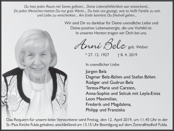 Traueranzeige von Anni Belz von FZ