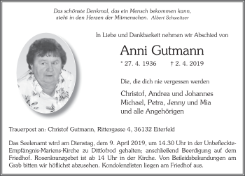 Traueranzeige von Anni Gutmann von FZ