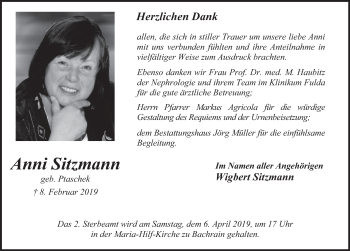 Traueranzeige von Anni Sitzmann von FZ