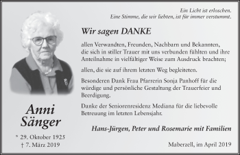 Traueranzeige von Anni Sänger von FZ