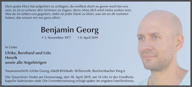  Traueranzeige für Benjamin Georg vom 13.04.2019 aus FZ