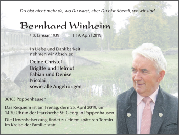 Traueranzeige von Bernhard Winheim von FZ