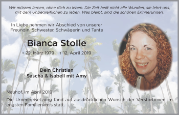 Traueranzeige von Bianca Stolle von FZ