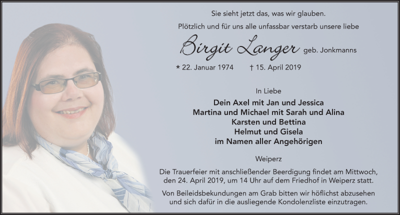  Traueranzeige für Birgit Langer vom 20.04.2019 aus FZ