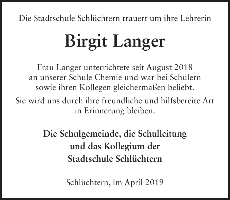  Traueranzeige für Birgit Langer vom 29.04.2019 aus FZ