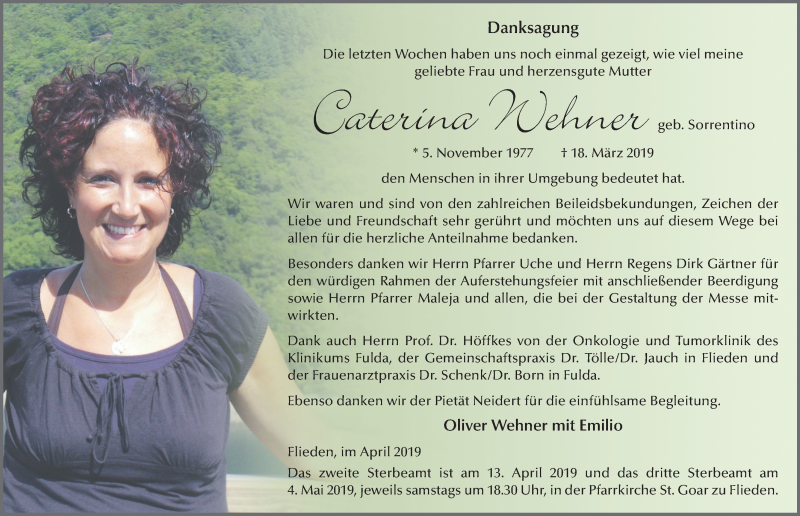  Traueranzeige für Caterina Wehner vom 11.04.2019 aus FZ