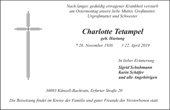 Traueranzeige von Charlotte Tetampel von FZ