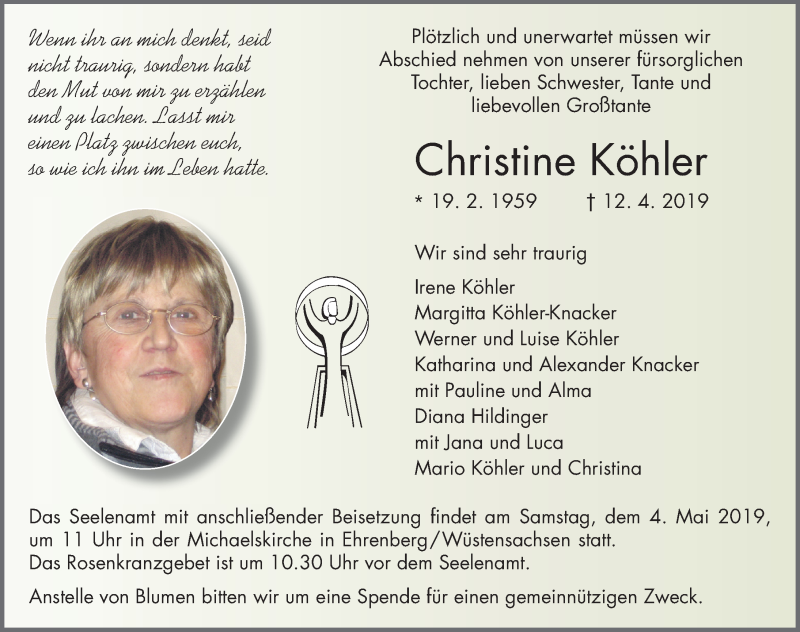  Traueranzeige für Christine Köhler vom 27.04.2019 aus FZ