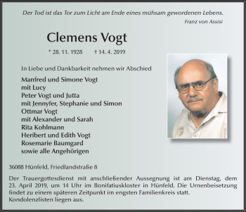 Traueranzeige von Clemens Vogt von FZ