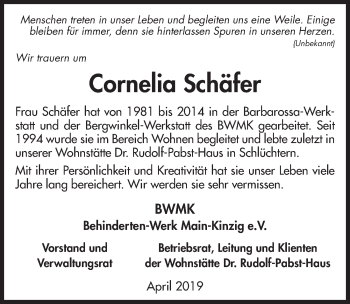 Traueranzeige von Cornelia Schäfer von FZ