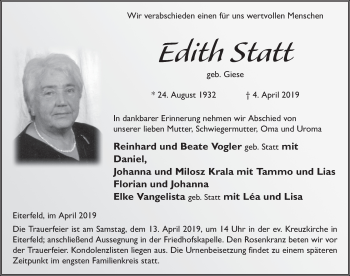 Traueranzeige von Edith Statt von FZ