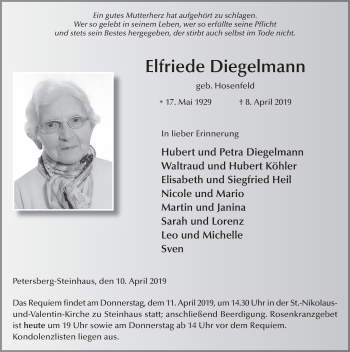 Traueranzeige von Elfriede Diegelmann von FZ