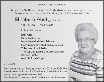 Traueranzeige von Elisabeth Abel von FZ