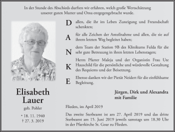 Traueranzeige von Elisabeth Lauer von FZ