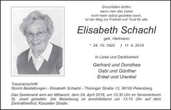 Traueranzeige von Elisabeth Schachl von FZ