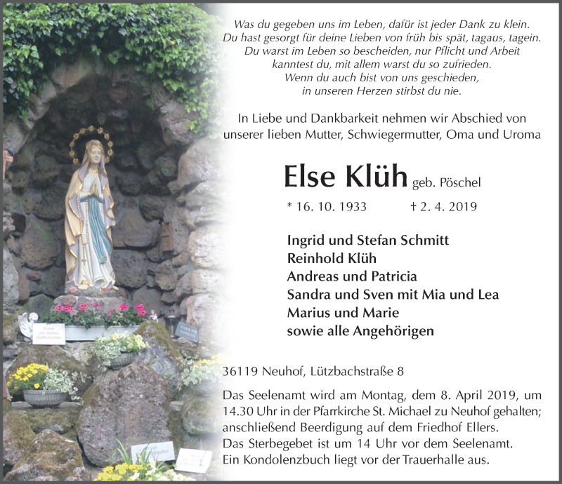  Traueranzeige für Else Klüh vom 05.04.2019 aus FZ