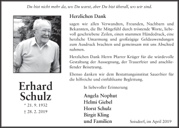 Traueranzeige von Erhard Schulz von FZ