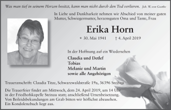 Traueranzeige von Erika Horn von FZ