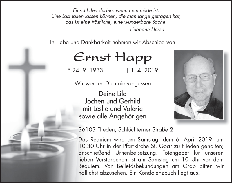  Traueranzeige für Ernst Happ vom 03.04.2019 aus FZ
