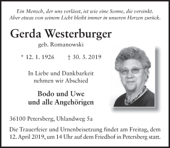 Traueranzeige von Gerda Westerburger von FZ