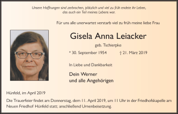 Traueranzeige von Gisela Anna Leiacker von FZ