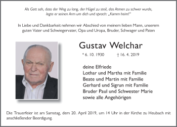 Traueranzeige von Gustav Welchar von FZ