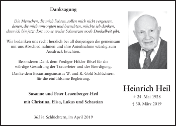 Traueranzeige von Heinrich Heil von FZ