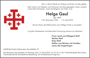 Traueranzeige von Helga Gaul von FZ