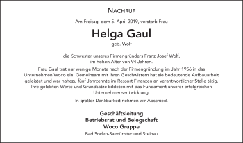 Traueranzeige von Helga Gaul von FZ