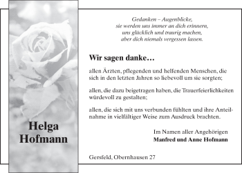 Traueranzeige von Helga Hofmann von FZ