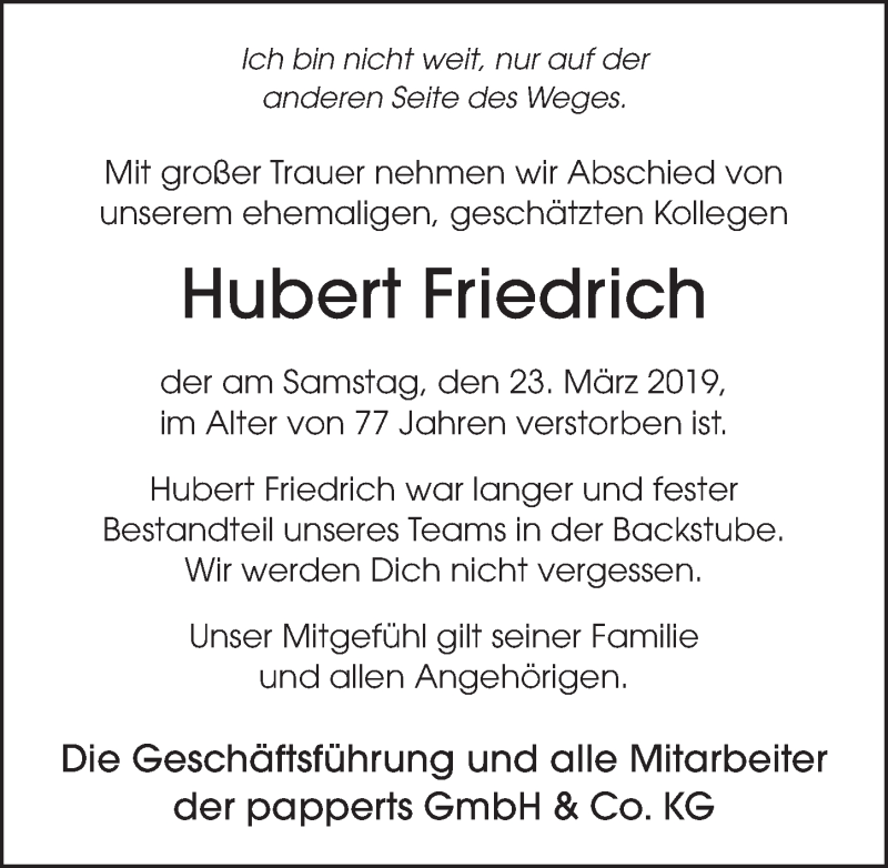  Traueranzeige für Hubert Friedrich vom 02.04.2019 aus FZ