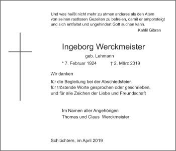 Traueranzeige von Ingeborg Werckmeister von FZ