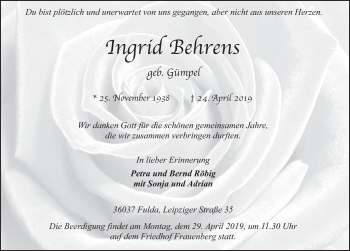 Traueranzeige von Ingrid Behrens von FZ