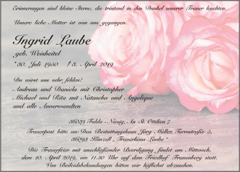 Traueranzeige von Ingrid Laube von FZ