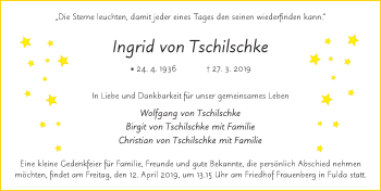 Traueranzeige von Ingrid  von Tschilschke von FZ