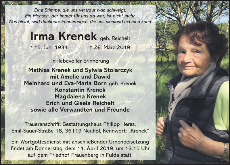  Traueranzeige für Irma Krenek vom 06.04.2019 aus FZ