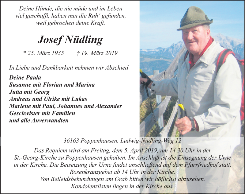 Traueranzeige für Josef Nüdling vom 02.04.2019 aus FZ