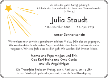 Traueranzeige von Julia Staudt von FZ